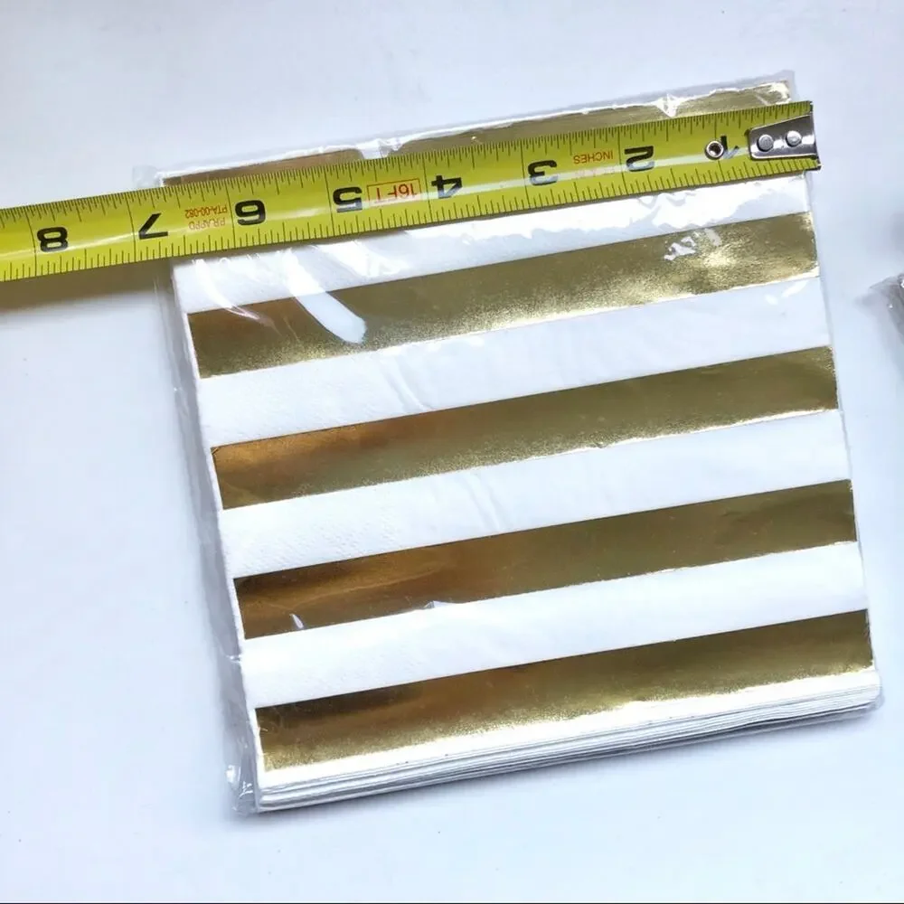 NEW White Gold Silver Party Metallic Holigraphic Striped Paper Napkins s/3